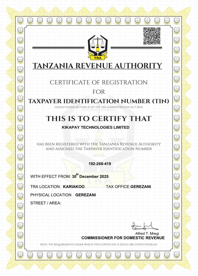 Cheti cha TRA cha KIKAPAY TECHNOLOGIES LIMITED, TIN 192-268-419